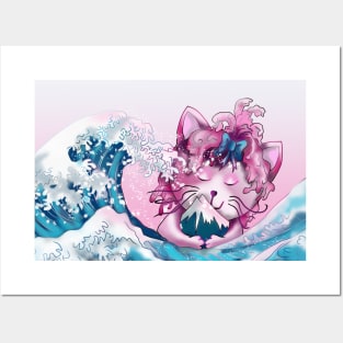 Pink cat hugging Mount Fuji in the wave off Kanagawa Posters and Art